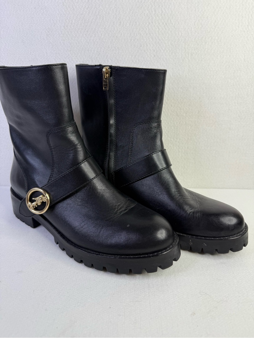 Coach Black Leather Ankle Boots Gold Buckle Women Size 7.5B
